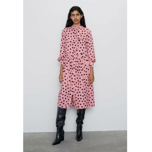 Zara Pleated Polka Dot Long Sleeve Dress w/ Neck Tie Pink/Black NWT. - Picture 6 of 9